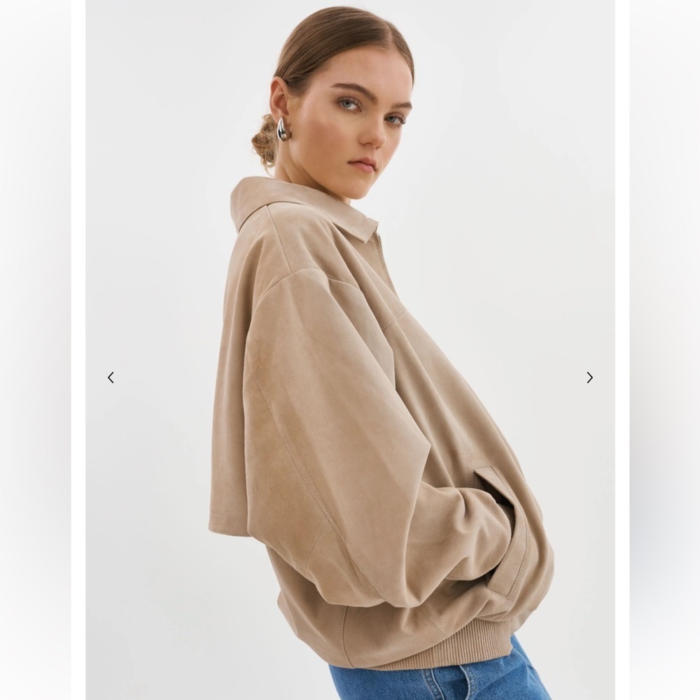 LaMarque Caden Suede Oversized Bomber Jacket Goatskin in “Sand” Tan - Picture 5 of 12